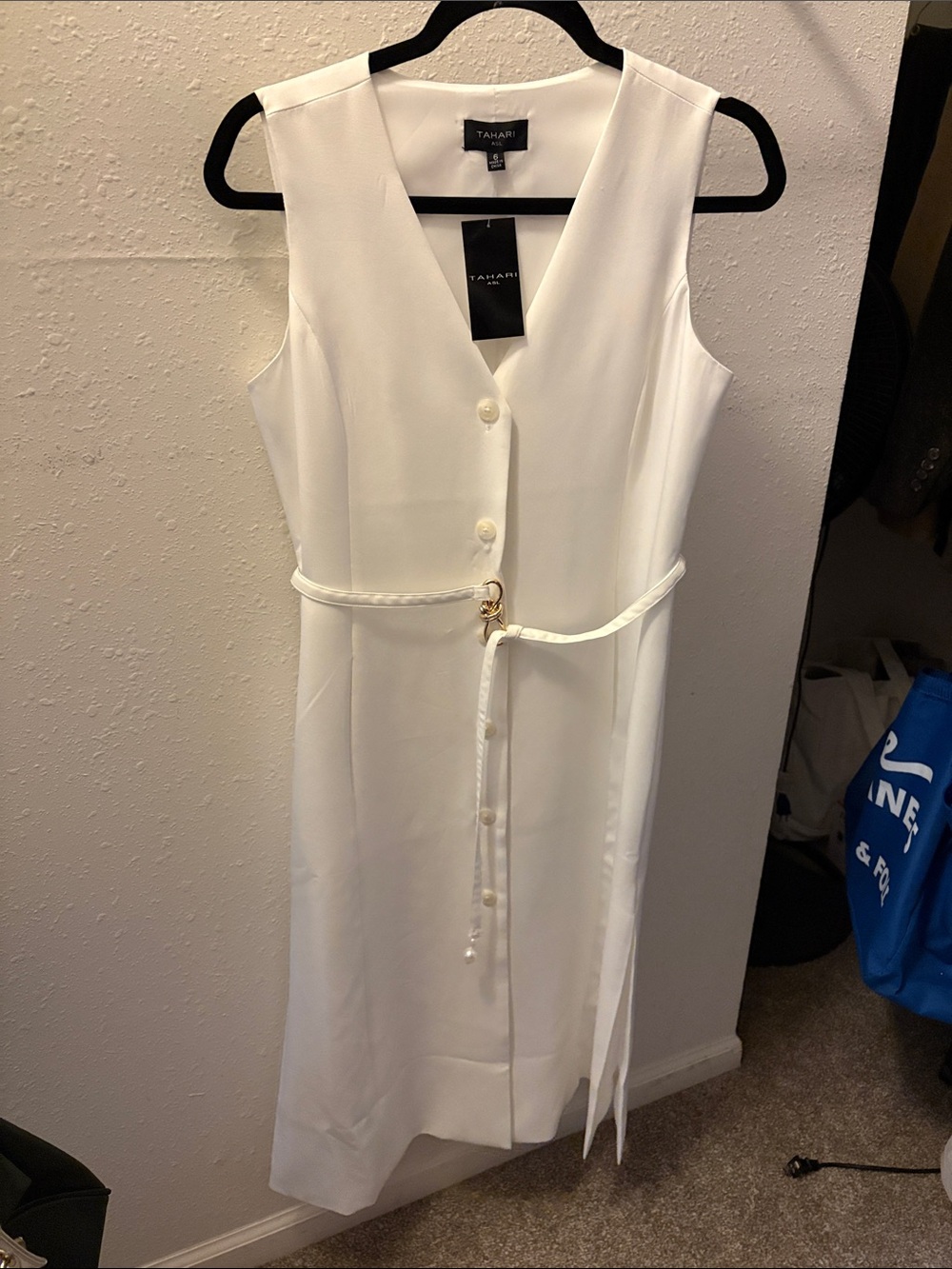 Tahari White Sleeveless V-Neck Midi Dress with Braided Belt